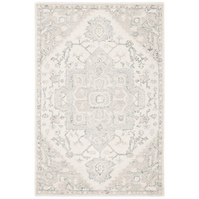 Area Rug Central Medallion Distressed Ivory Muted Pattern