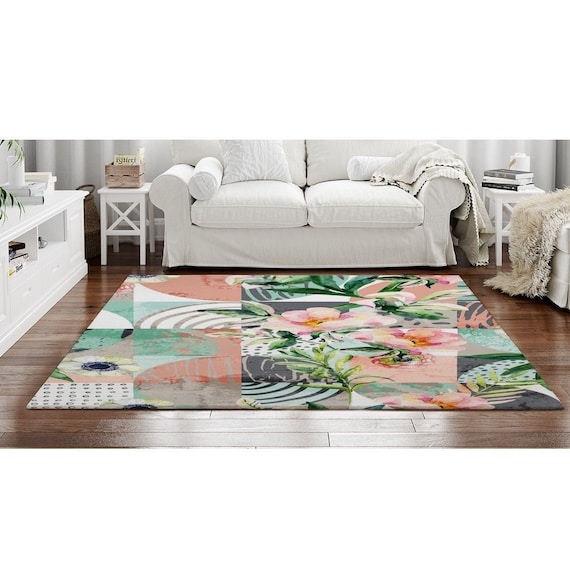 Area Rug Checkered Patchwork Sage and Pink Floral Rug