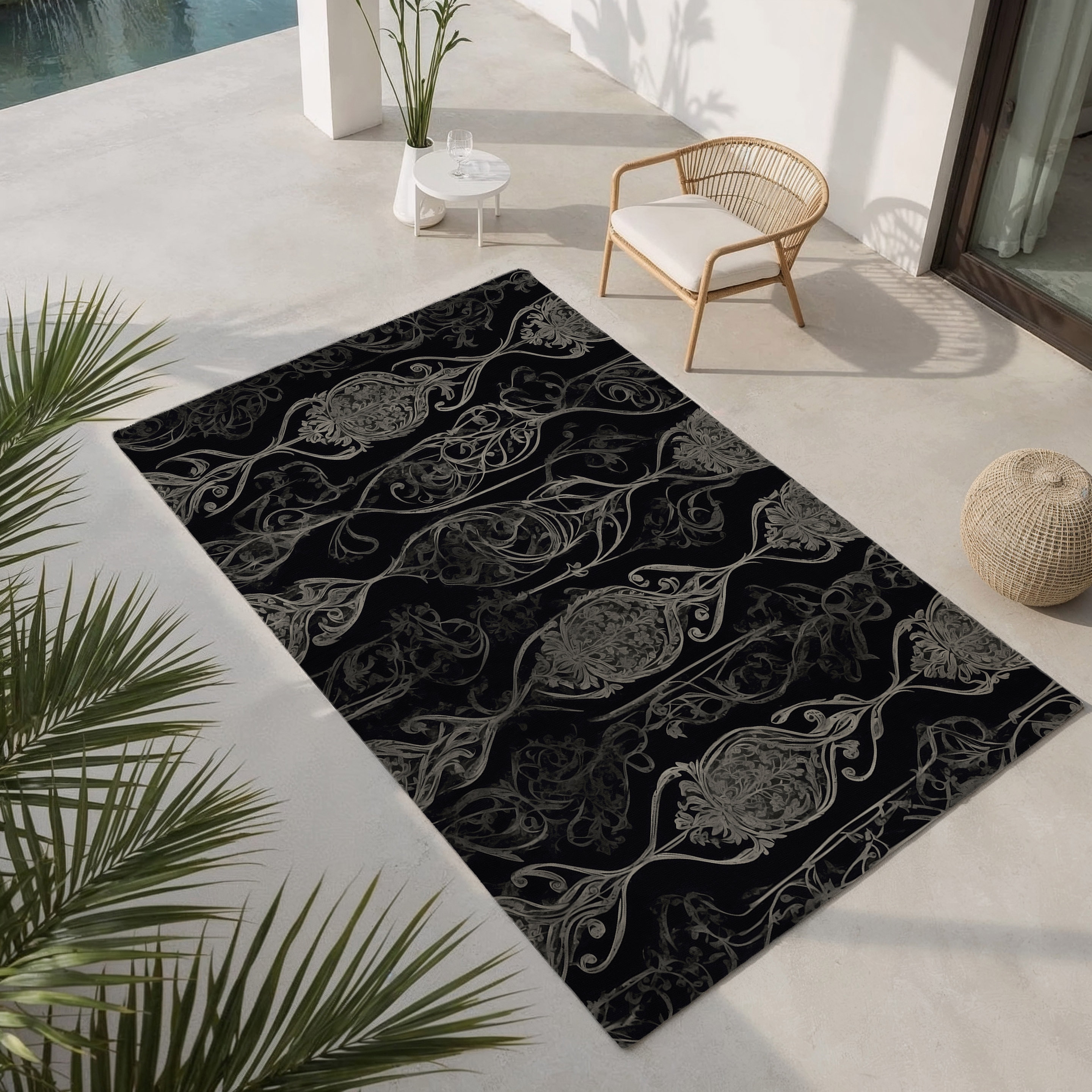 Area Rug: Damask Scrollwork Charcoal Black Outdoor Decor
