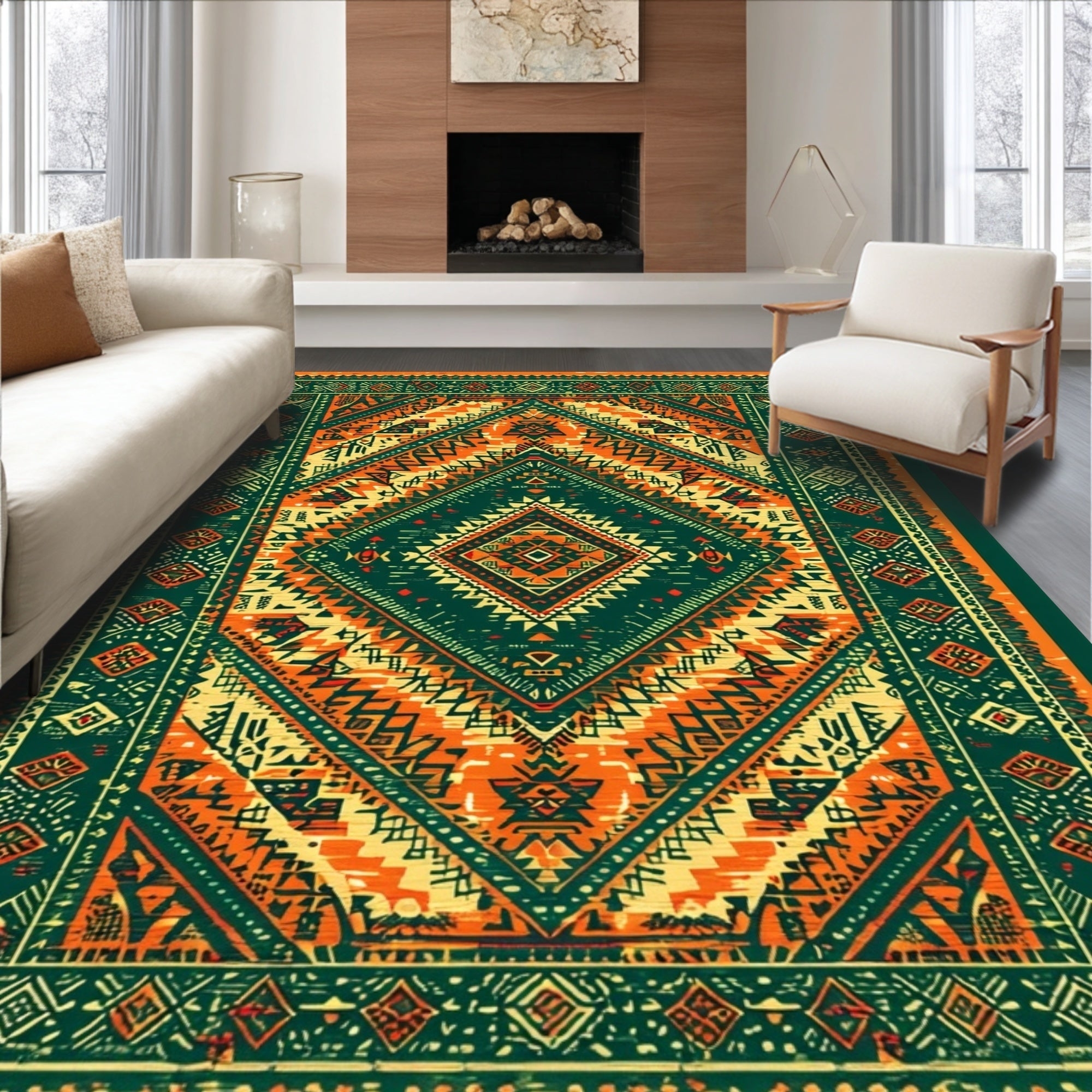Area Rug Diamond Geometric Motif Tribal Inspired Pattern