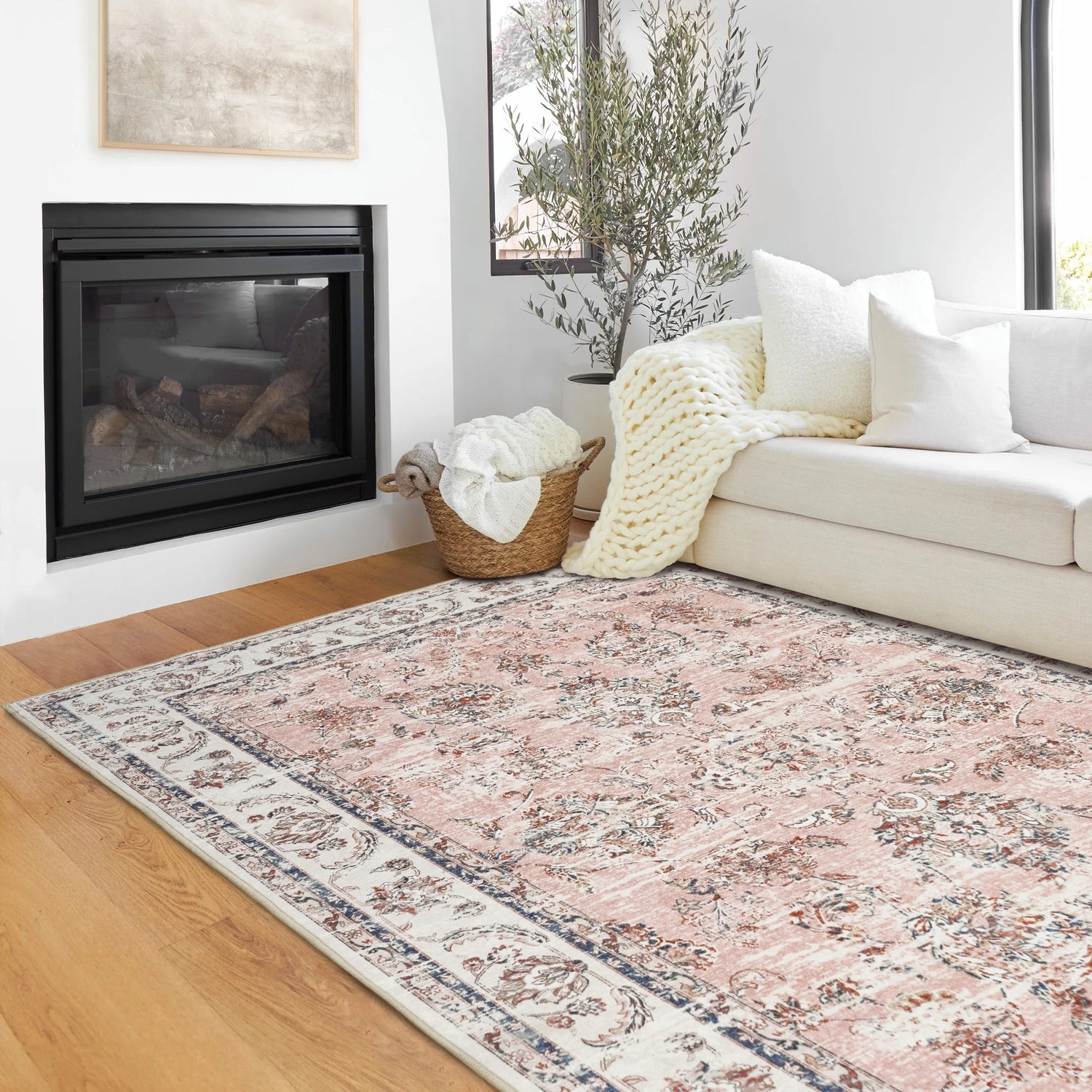 Area Rug Distressed Floral Pattern Blush Surface