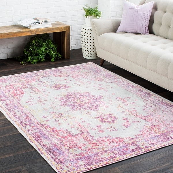 Area Rug Distressed Oriental Motif Magenta Accents