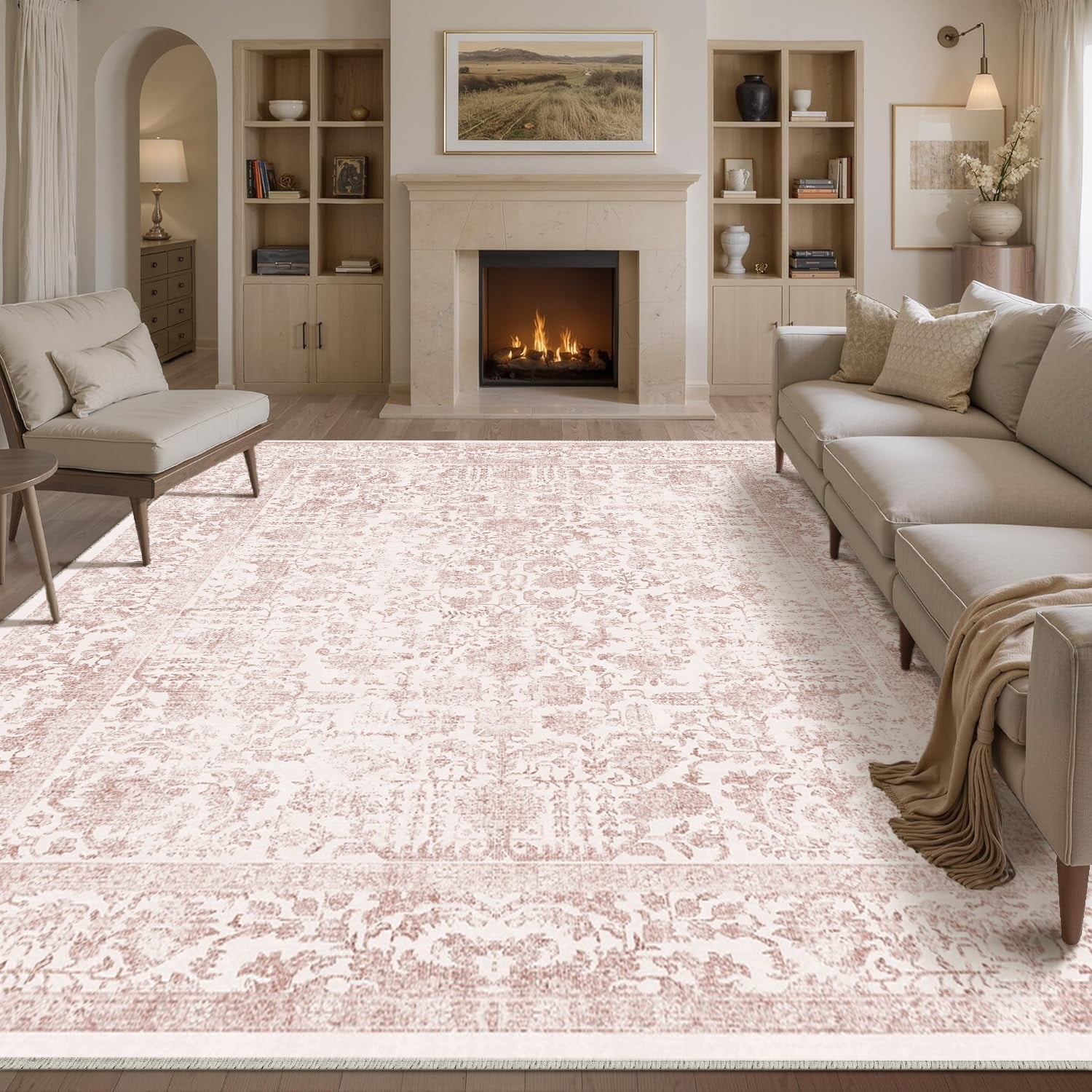 Area Rug Distressed Pink Wash Low Profile Rug