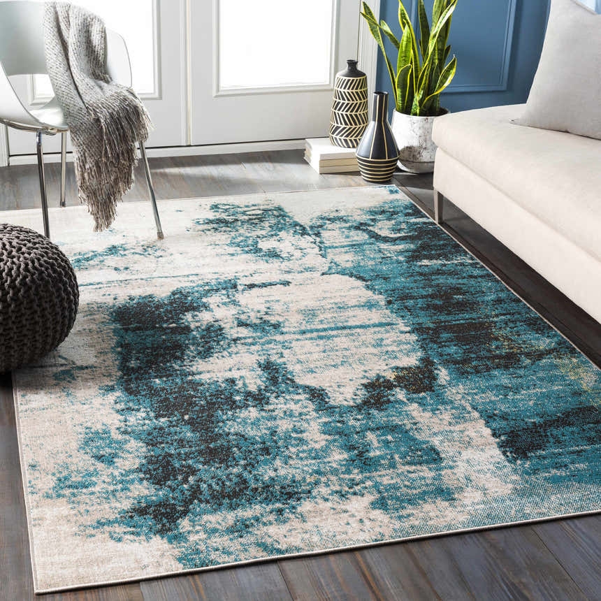 Area Rug Distressed Texture Abstract Oceanic Blue