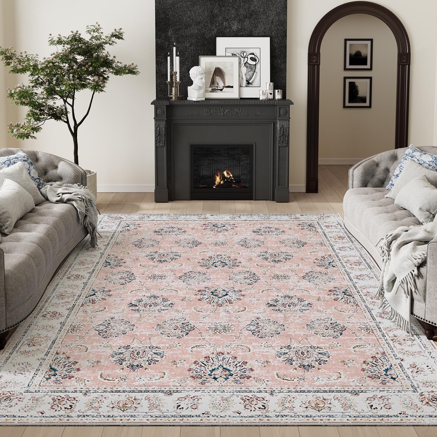 Area Rug Dusty Rose Floral Medallion Print Style