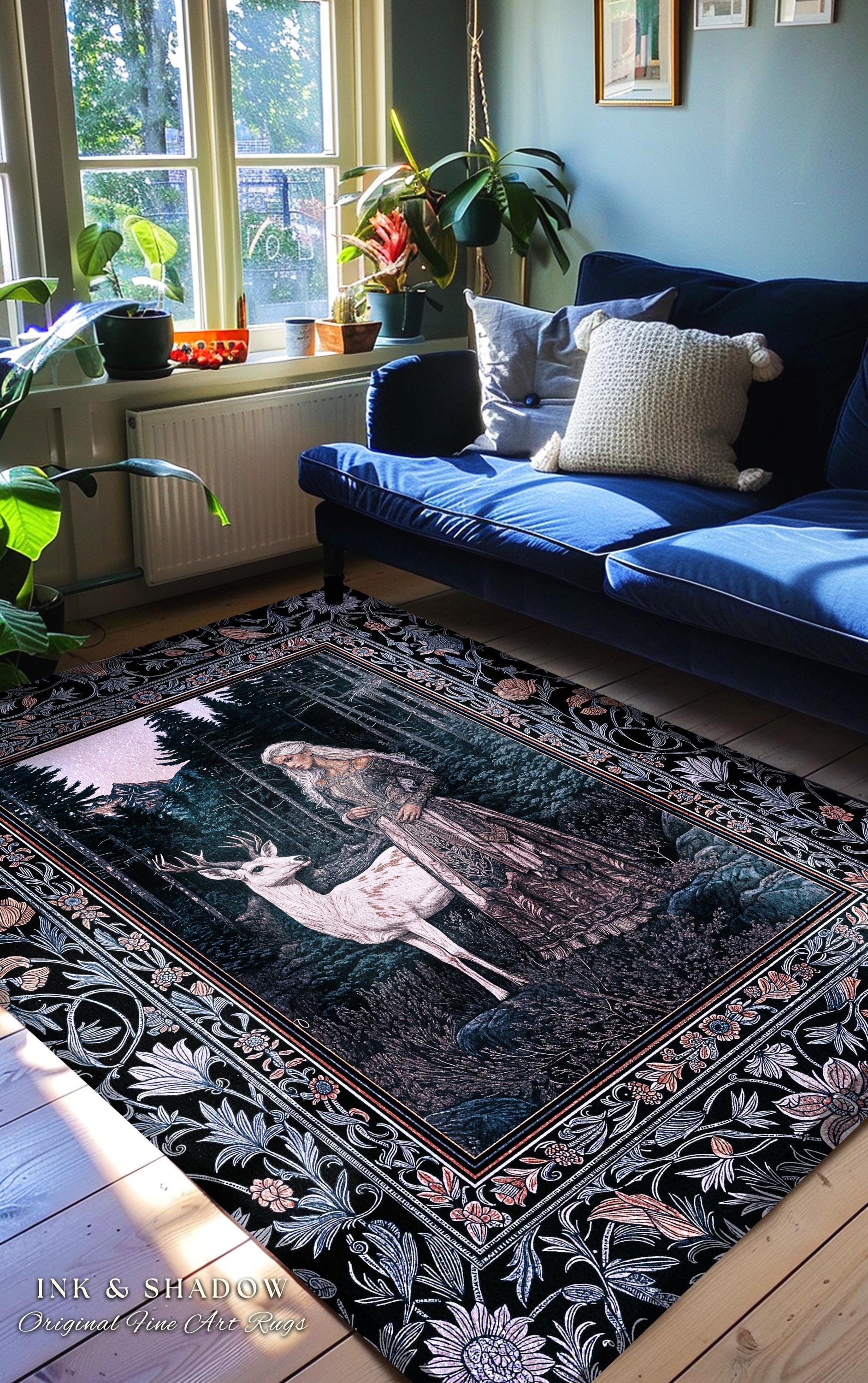 Area Rug: Forest Illustration Ornate Floral Border Art