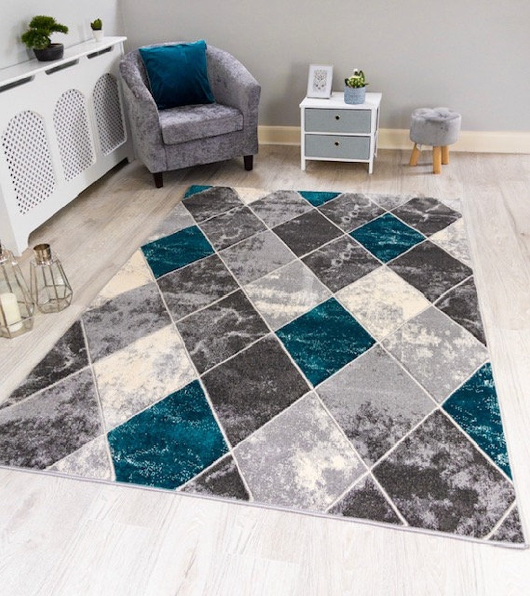 Area Rug Geometric Diamond Pattern Marbled Texture