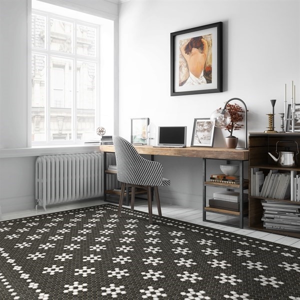 Area Rug: Geometric Floral Pattern, Charcoal and White Rug