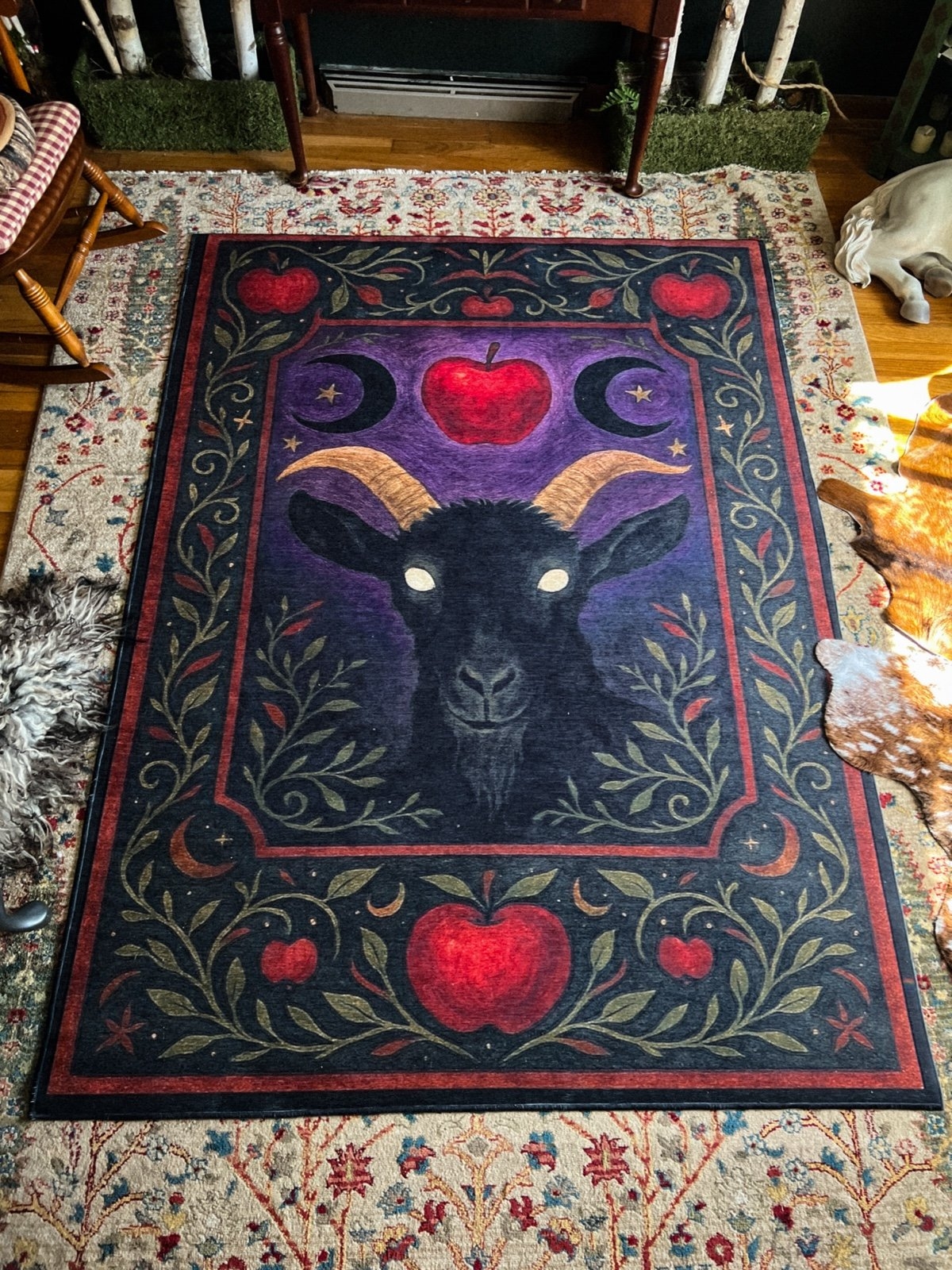 Area Rug: Goat Motif Deep Violet Dark Folklore Statement