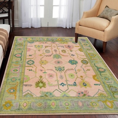 Area Rug Hand Knotted Dusty Pink Field Sage Green Rug