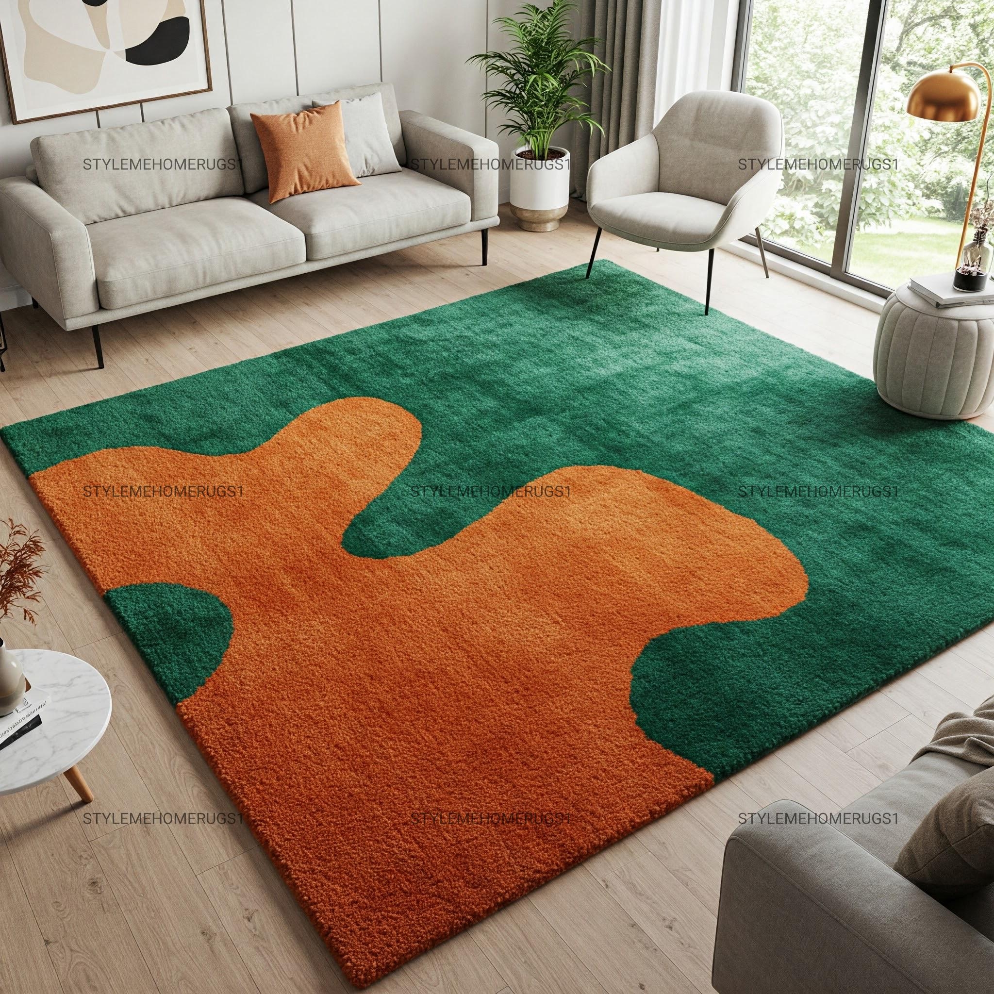 Area Rug Heavy Shag Texture Forest Green Organic Blob