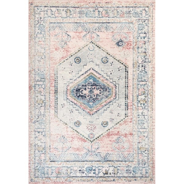 Area Rug Hexagonal Medallion Faded Pastel Look