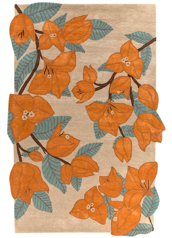Area Rug Irregular Edge Botanical Motif Terracotta Teal