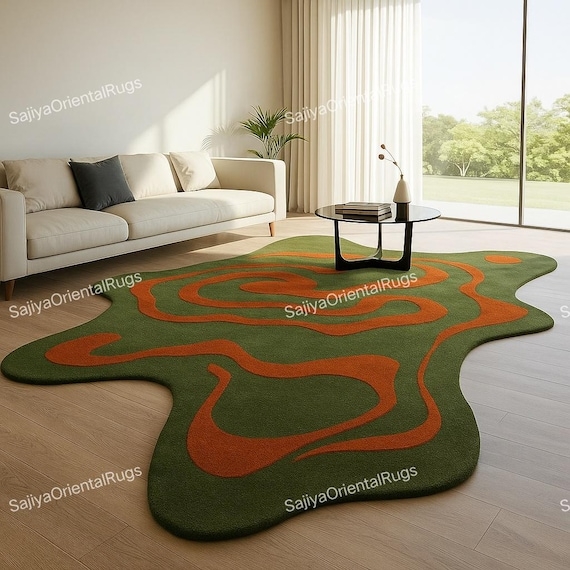 Area Rug Irregular Shape Moss Green Wavy Wool Carpet