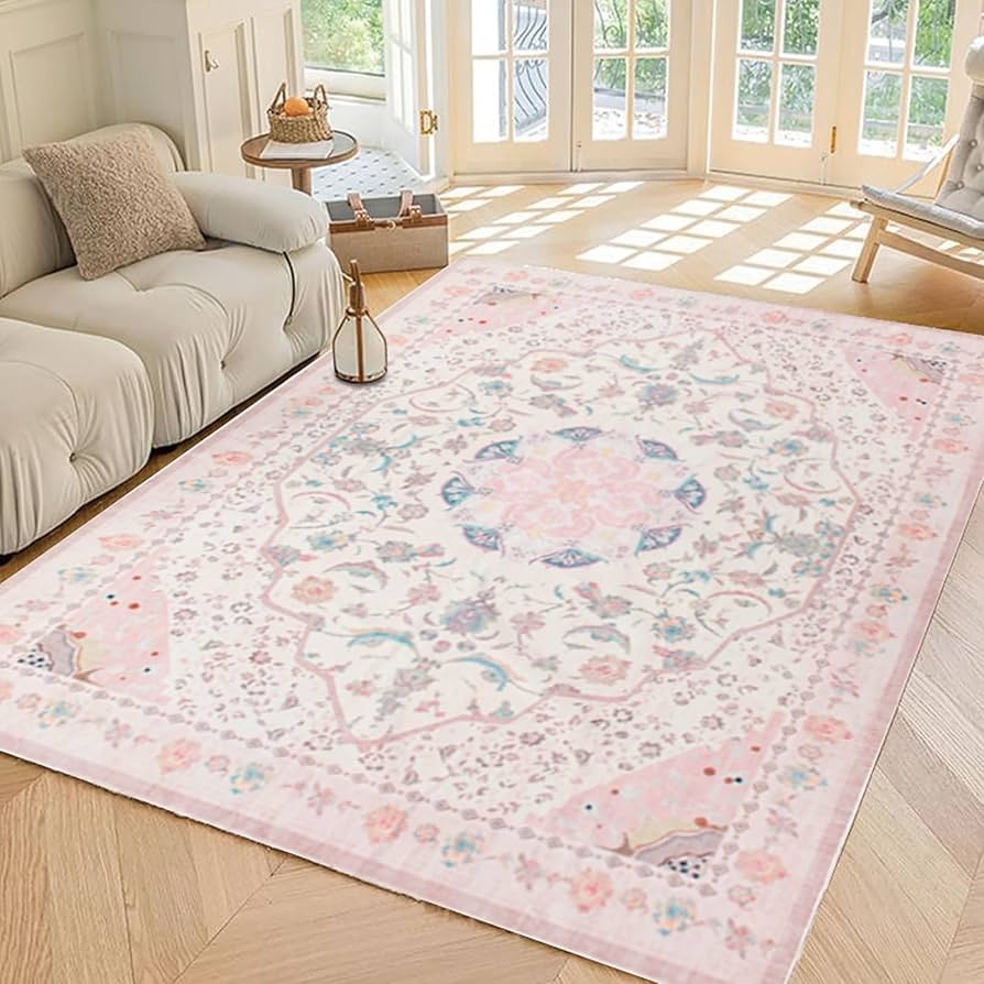 Area Rug Light Pink Synthetic Faux Wool Carpet