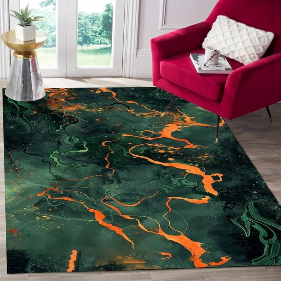 Area Rug Liquid Marble Pattern Emerald Fluid Veining