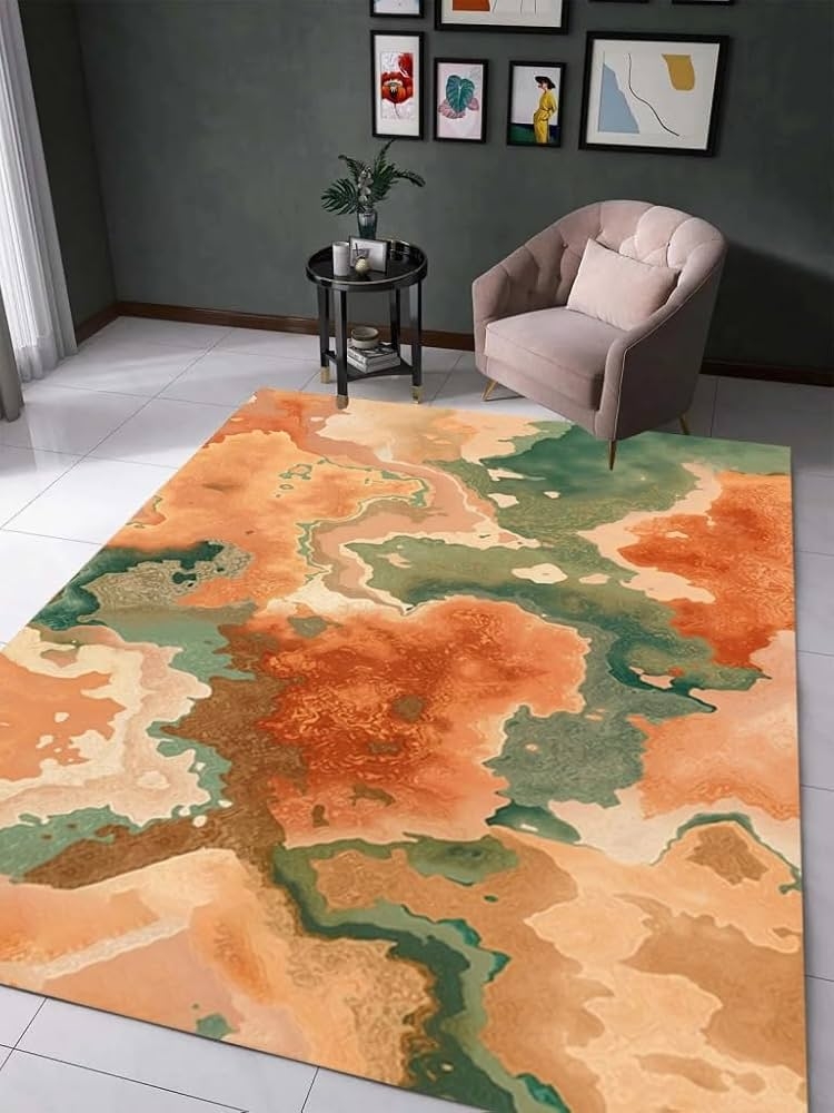 Area Rug Marbled Pattern Topographical Sage Orange Art