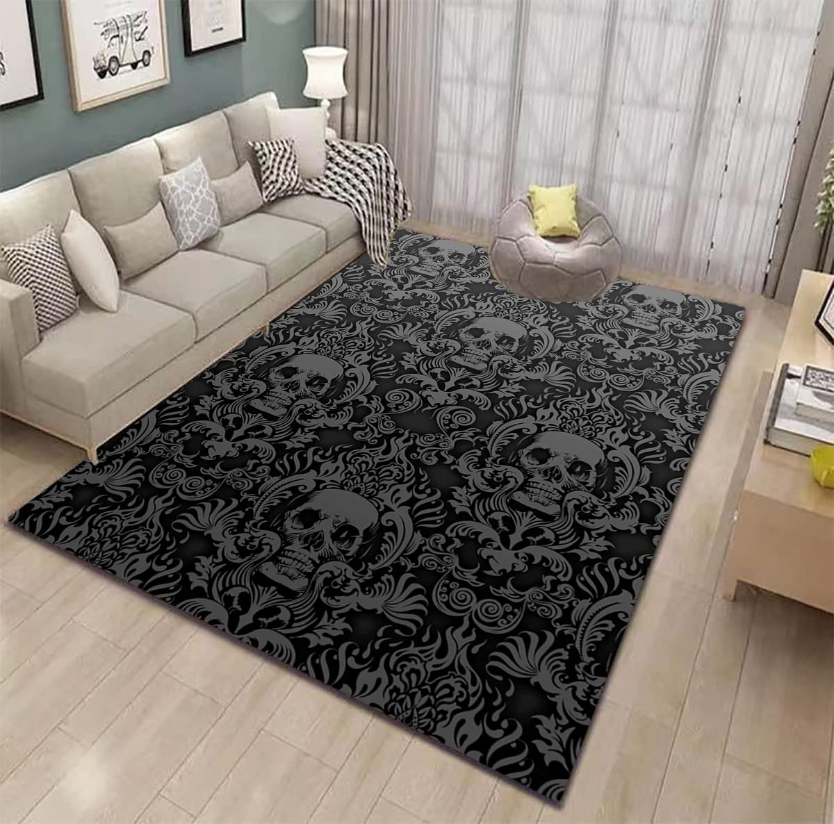 Area Rug: Monochromatic Skull Damask Pattern Goth Decor