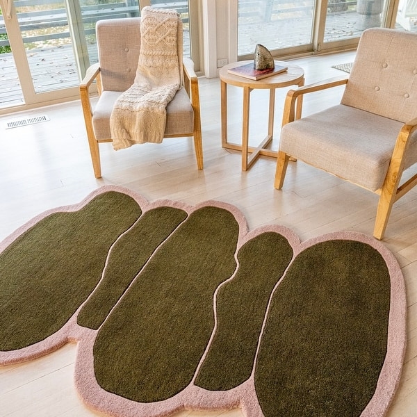 Area Rug Moss Green Wavy Pink Border Organic Geometric Rug