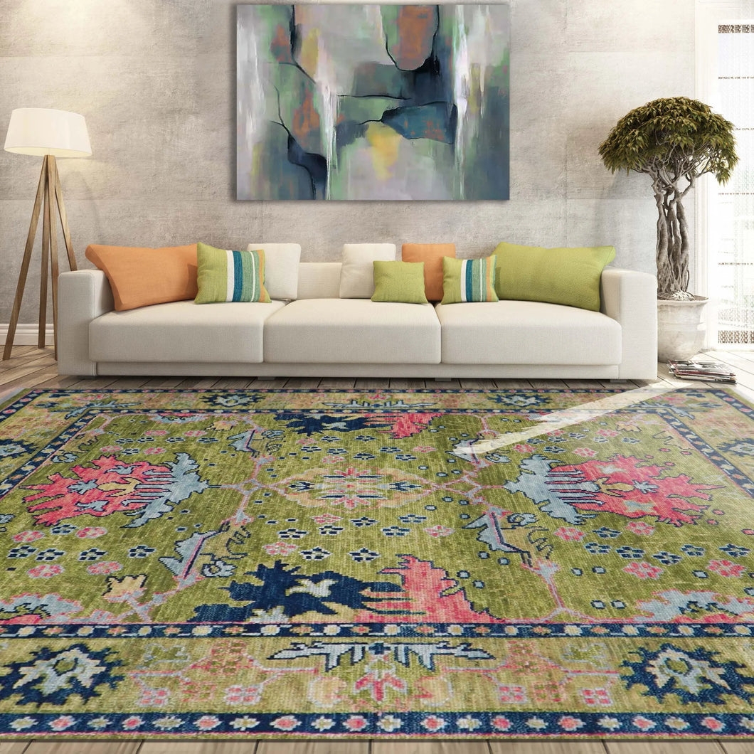 Area Rug Olive Green Muted Turkish Pattern Wool Persian Rug