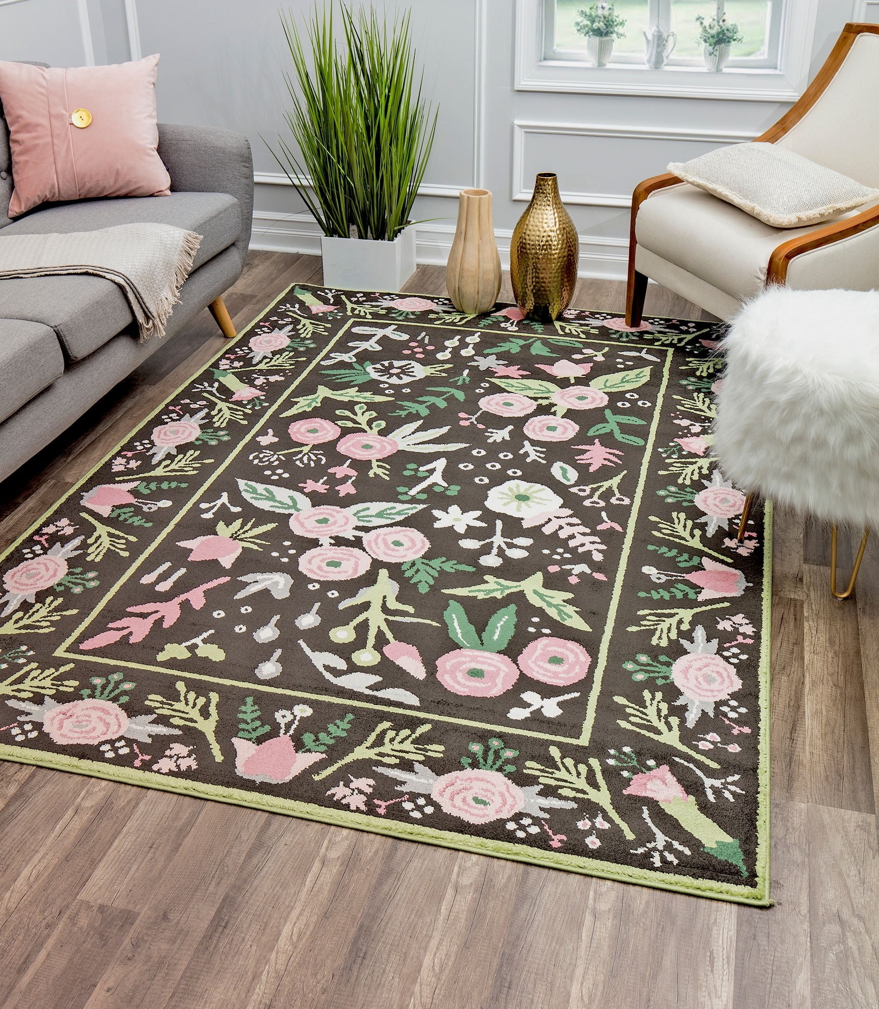 Area Rug Onyx Black Floral Transitional Botanical Carpet