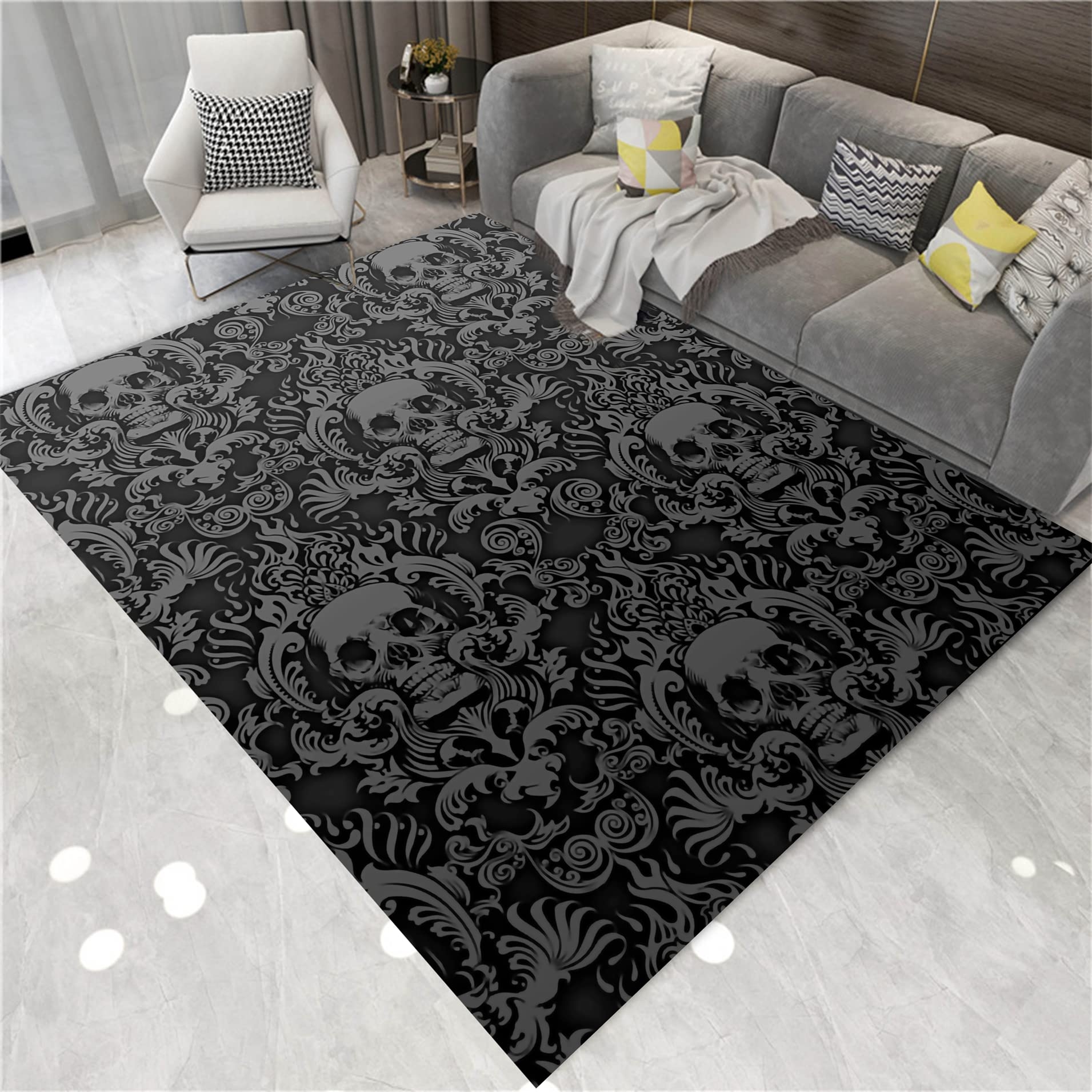 Area Rug: Ornate Skull Motif Dark Maximalist Home Decor