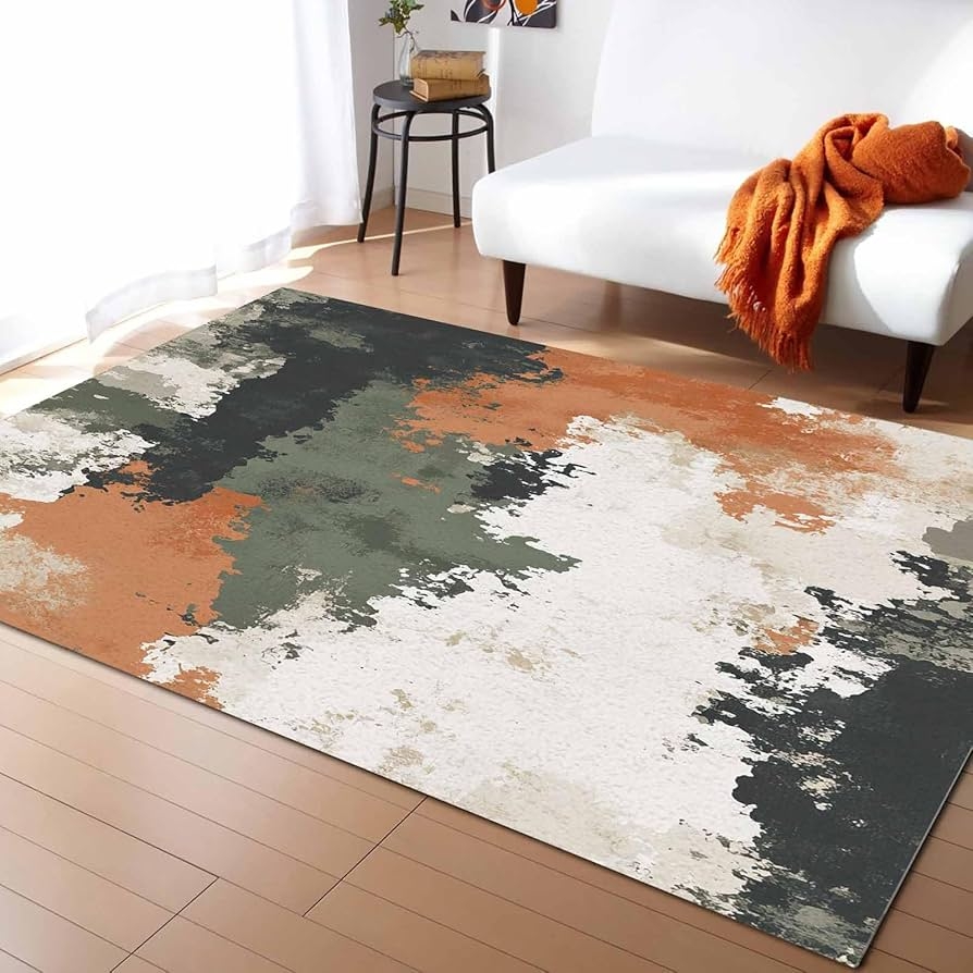Area Rug Painterly Texture Sage Green Accents Minimalist