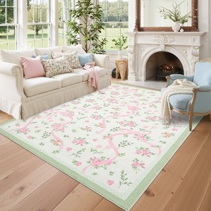 Area Rug Pink Bow Pattern Sage Green Border Vintage Rug