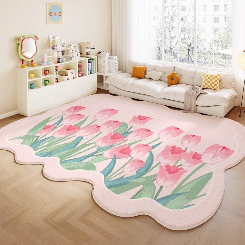 Area Rug Pink Tulip Print Scalloped Edge Flower Rug