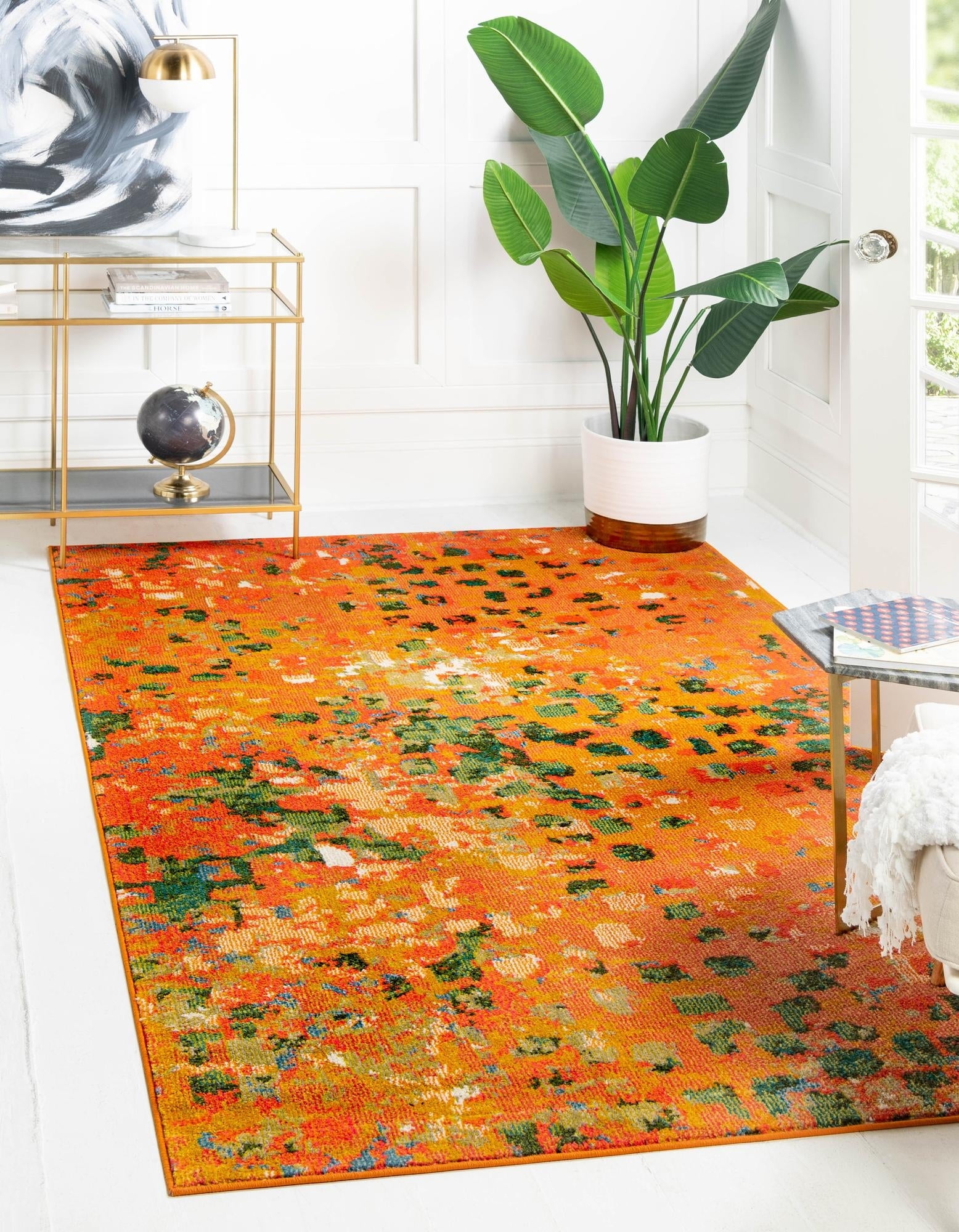 Area Rug Pixelated Abstract Pattern Vibrant Orange Base