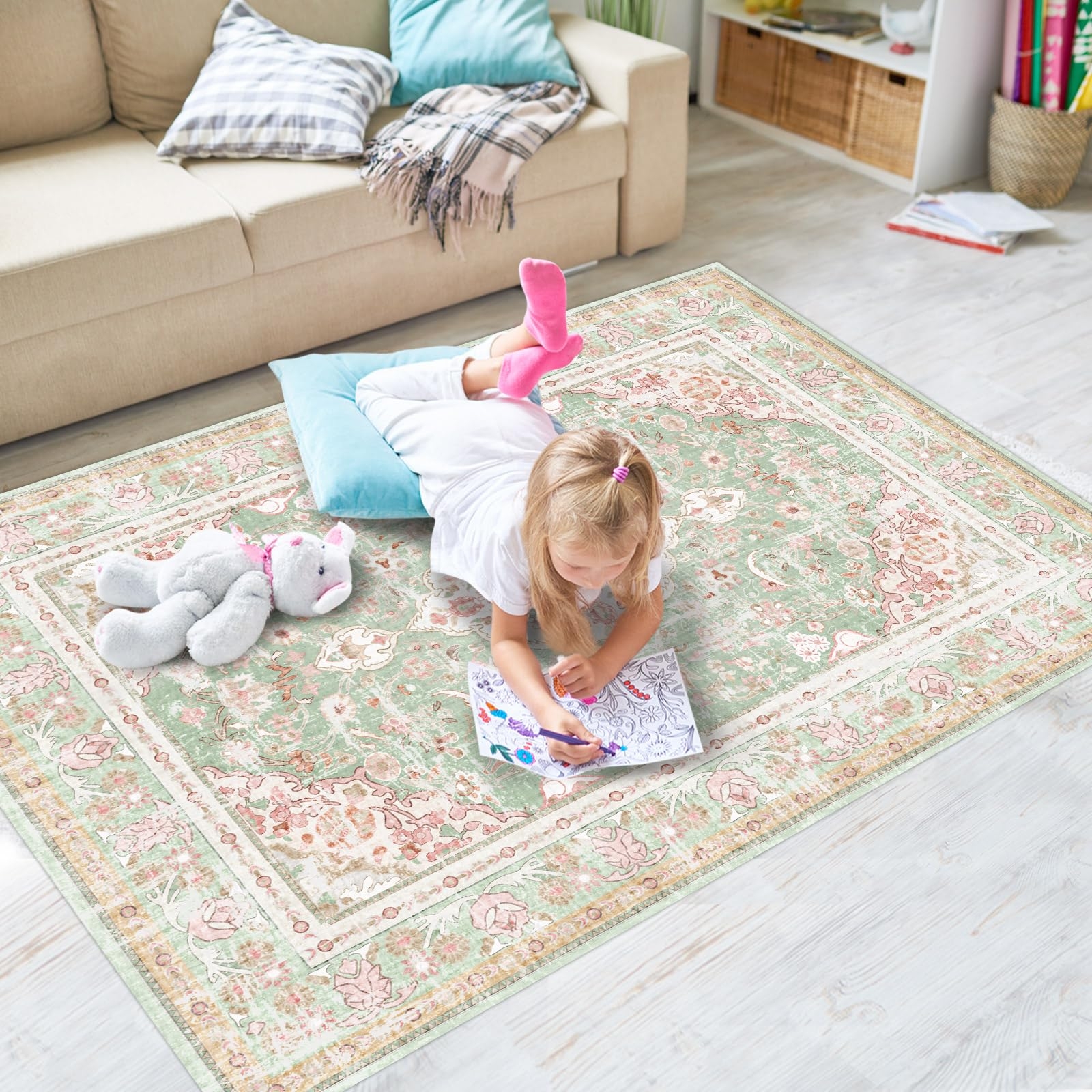 Area Rug Sage Green Distressed Oriental Washable Vintage Rug