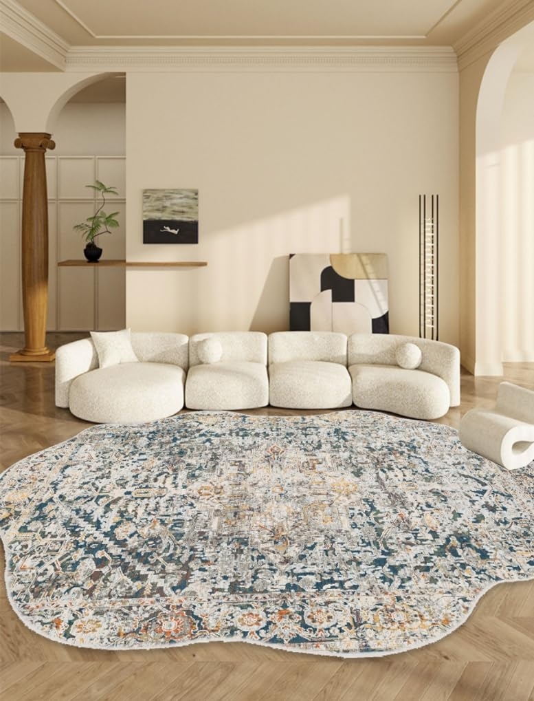 Area Rug: Scalloped Edges Distressed Blue Carpet Decor