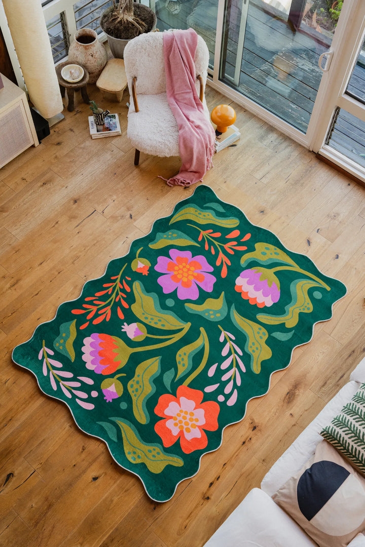 Area Rug Scalloped Wavy Edge Forest Green Floral Rug