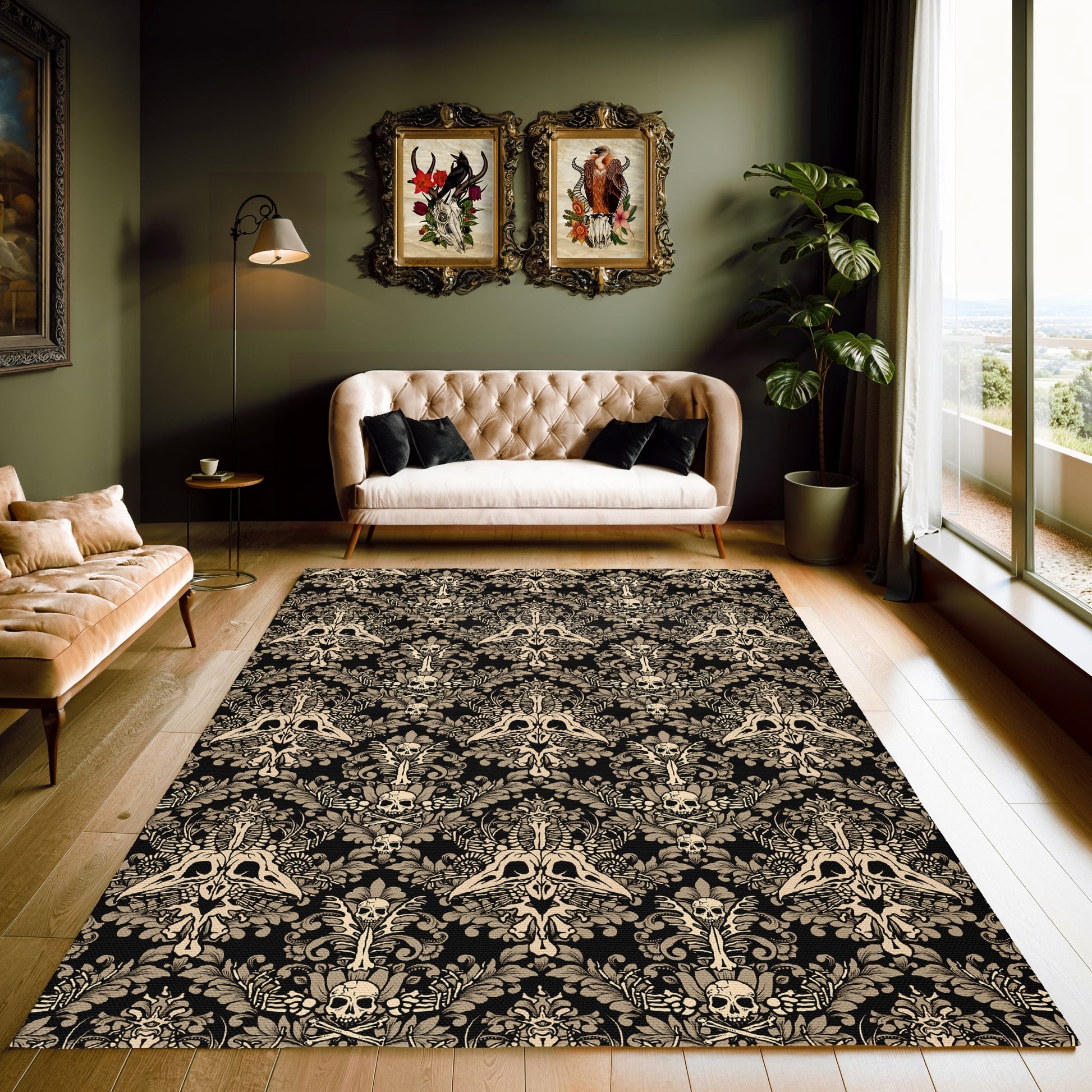 Area Rug: Skull Damask Pattern Beige and Black Decor