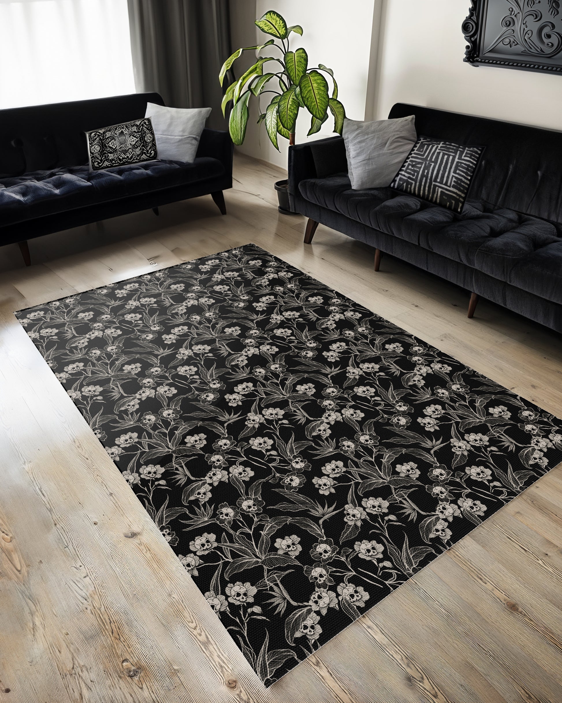 Area Rug: Skull Floral Pattern Indoor Outdoor Goth Rug