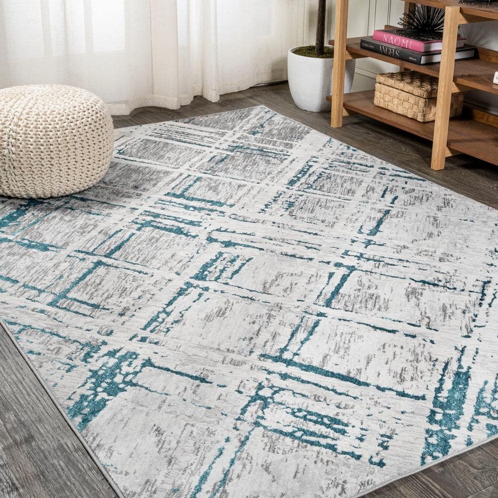 Area Rug Slanted Grid Turquoise Distressed Geometric