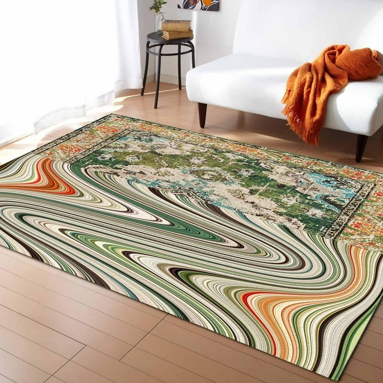 Area Rug Split Design Liquid Marble Swirls Forest Green