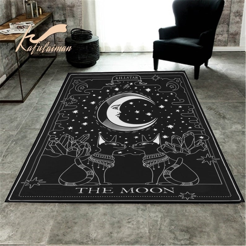 Area Rug: Tarot Card Feline Illustration Moon Phase Goth