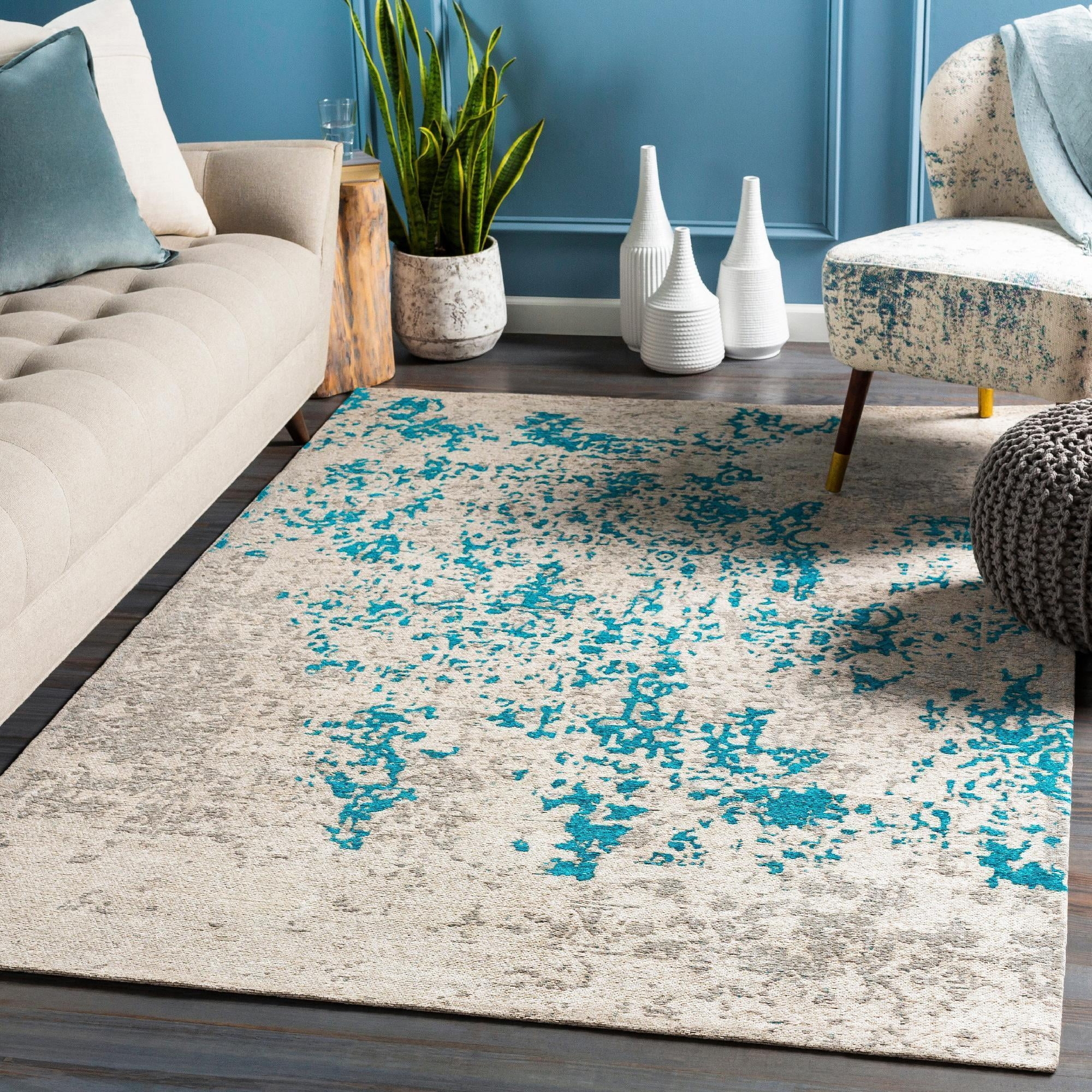 Area Rug Teal Abstract Print Distressed Silver Grey