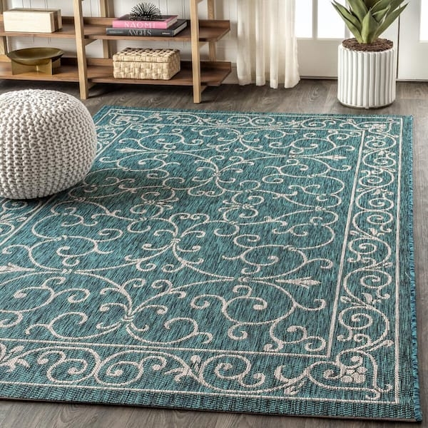 Area Rug Teal Filigree Bordered Textured Weave Rug