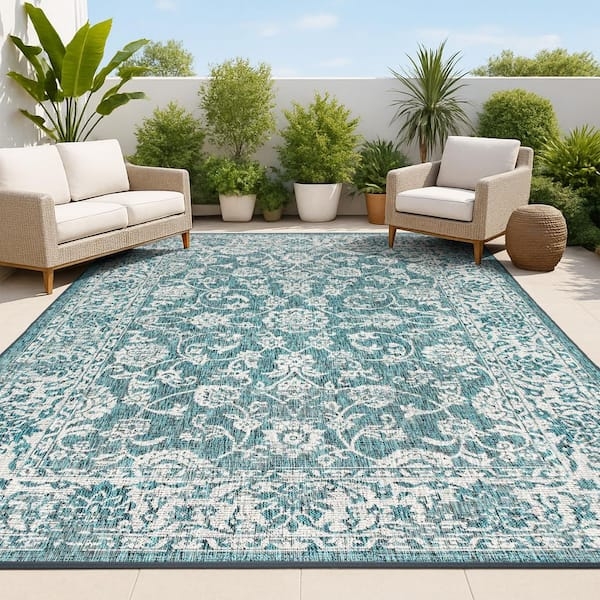 Area Rug Teal Floral Weave Distressed Boho Aesthetic