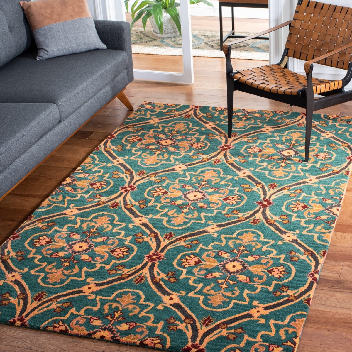 Area Rug Teal Green Background Ornate Floral Medallion