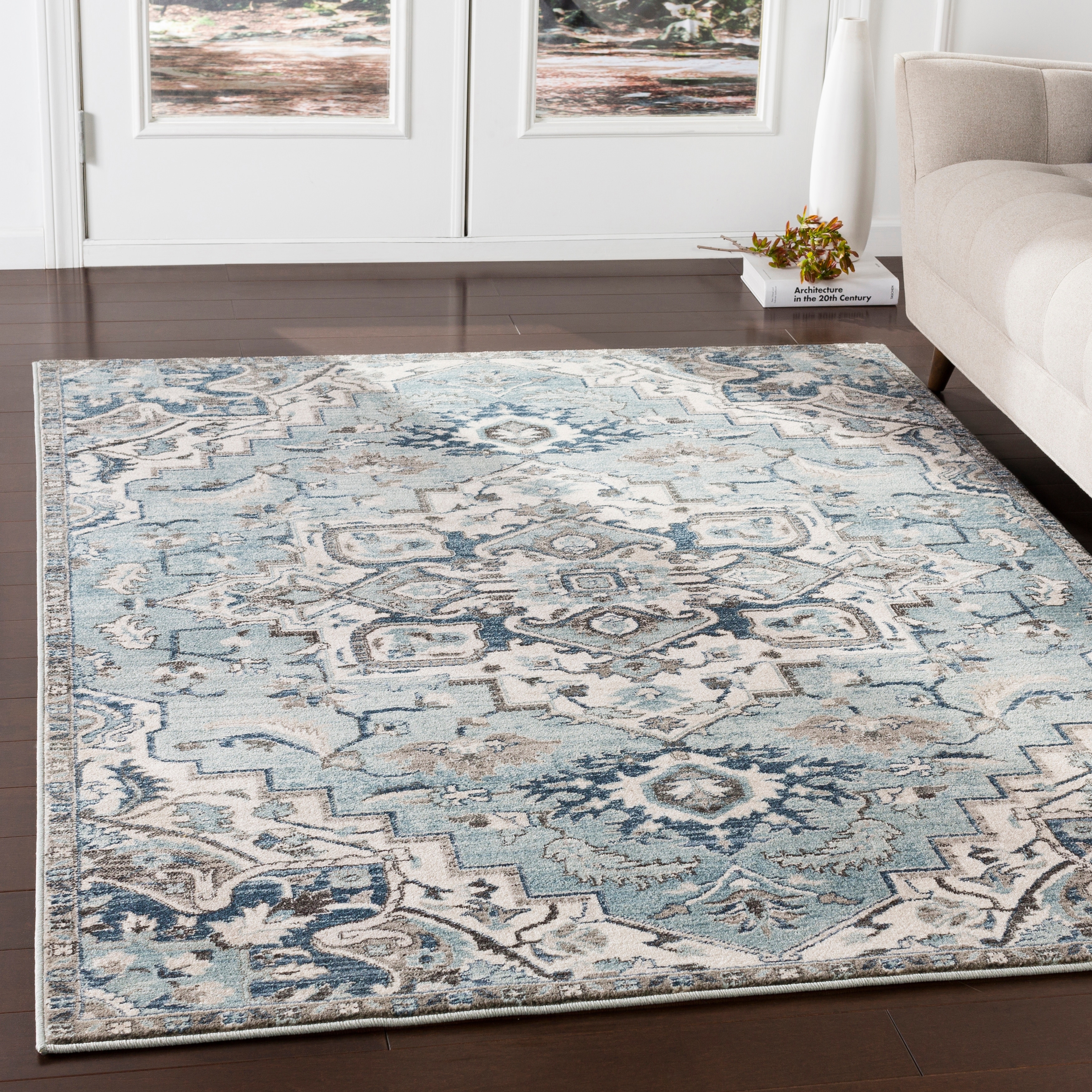 Area Rug Teal Ivory Contrast Intricate Medallion