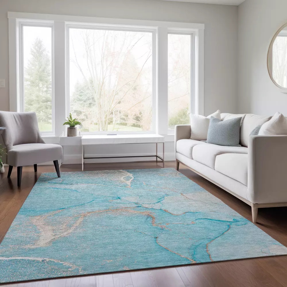 Area Rug Teal Marble Pattern Abstract Fluid Lines
