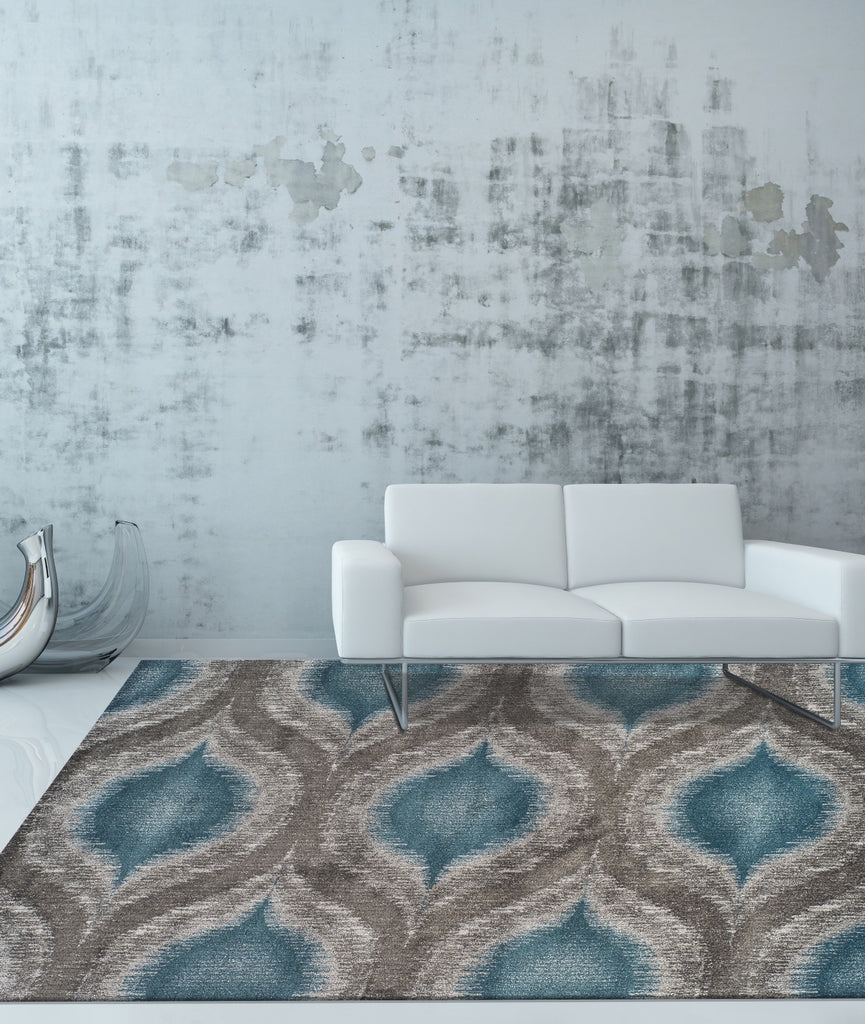 Area Rug Teal Ogee Pattern Variegated Grey Texture