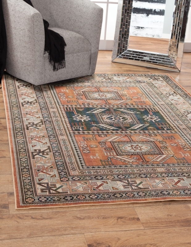 Area Rug Terracotta and Teal Tribal Border Medallion Design