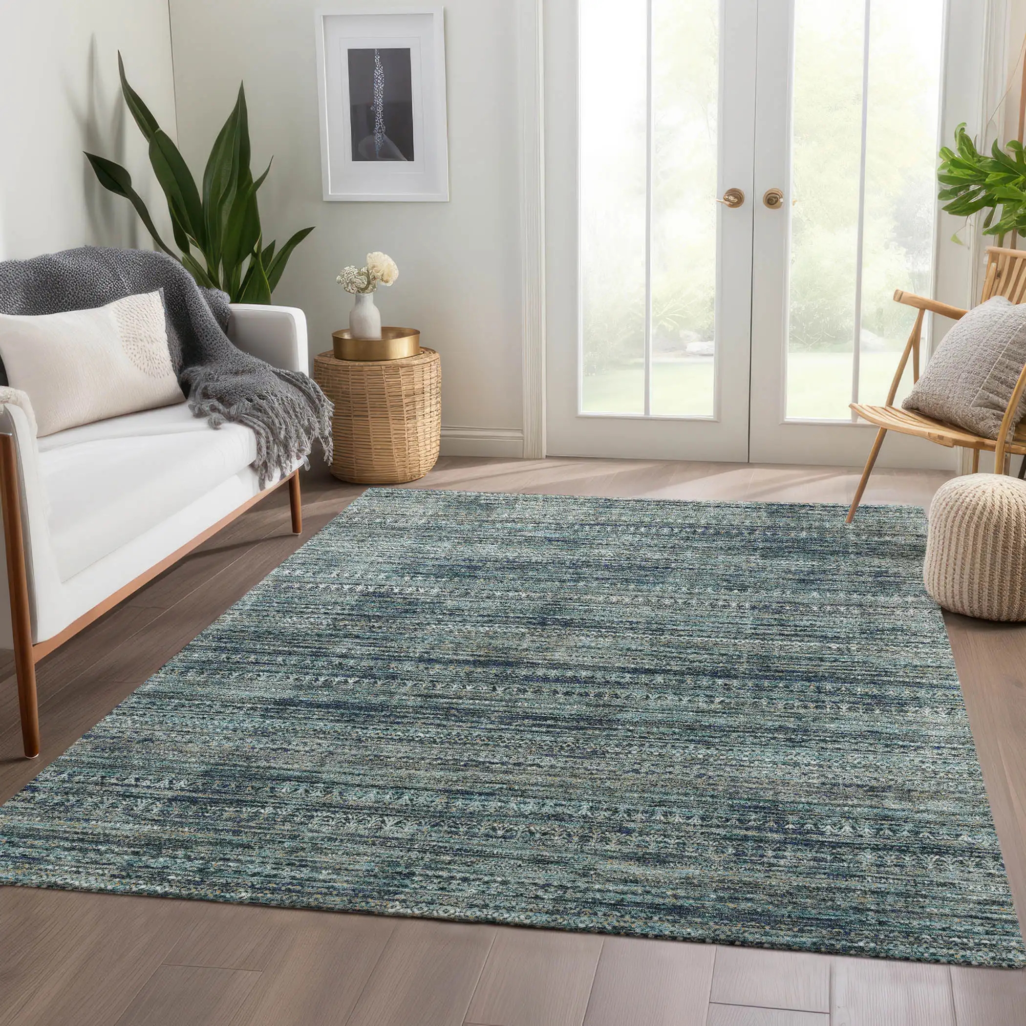 Area Rug Variegated Blue Tones Horizontal Striped