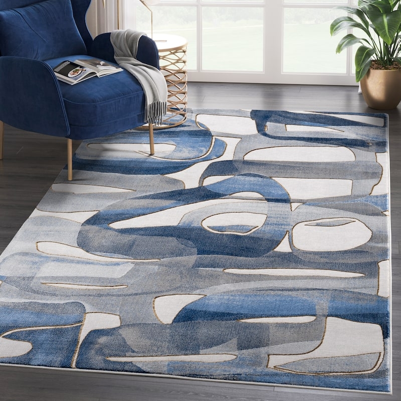 Area Rug: Watercolor Circles Pattern Gold Thread Accents