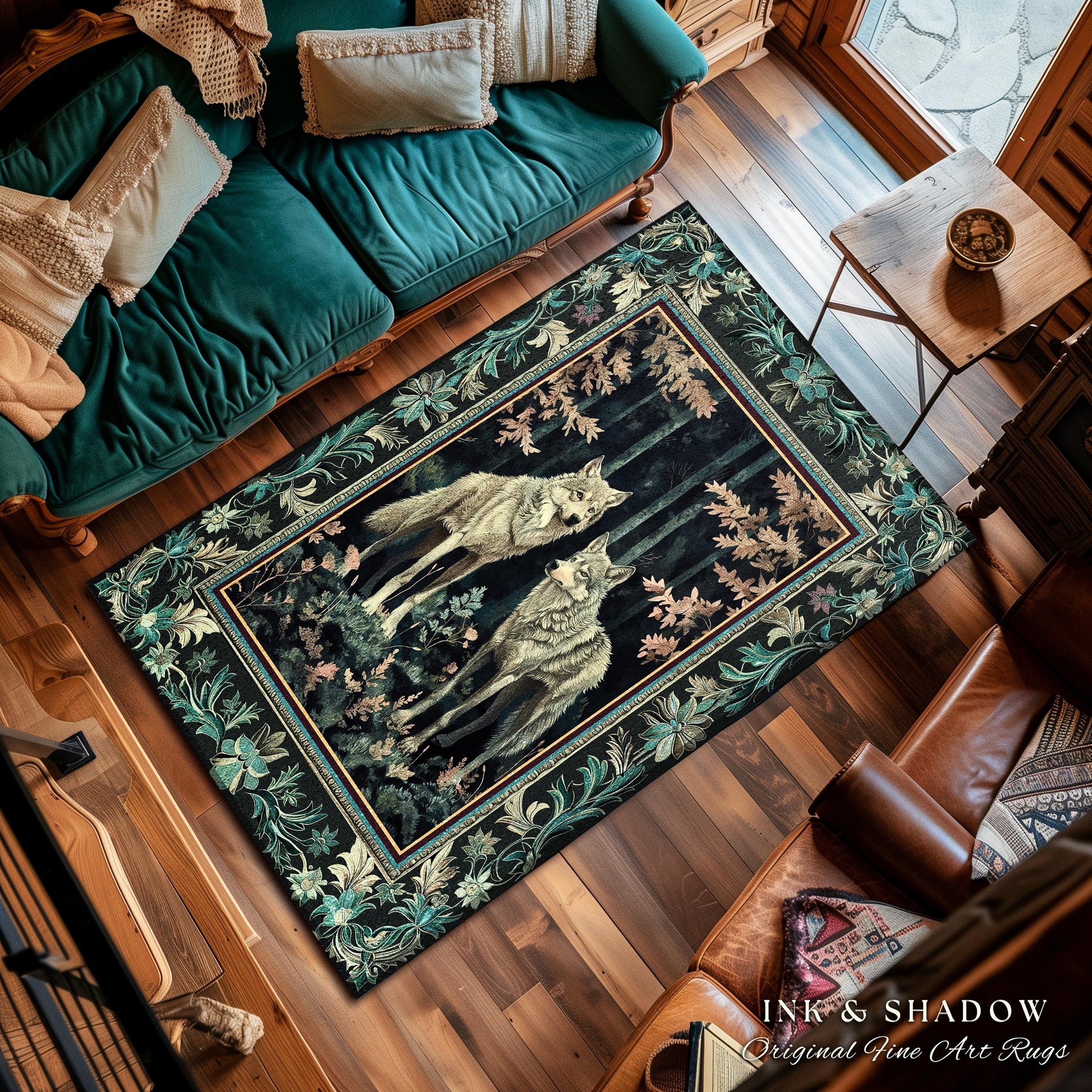 Area Rug: Wolf Graphic Deep Teal Forestcore Nature Decor
