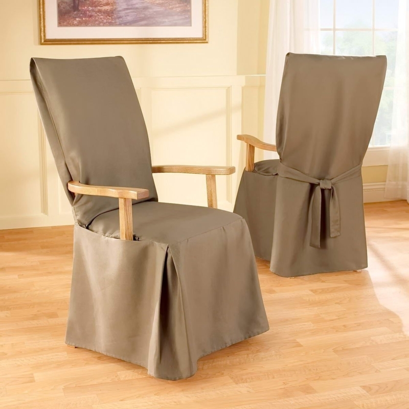 Armchair Slipcover Taupe Rear Tie Back and Exposed Wood Arms